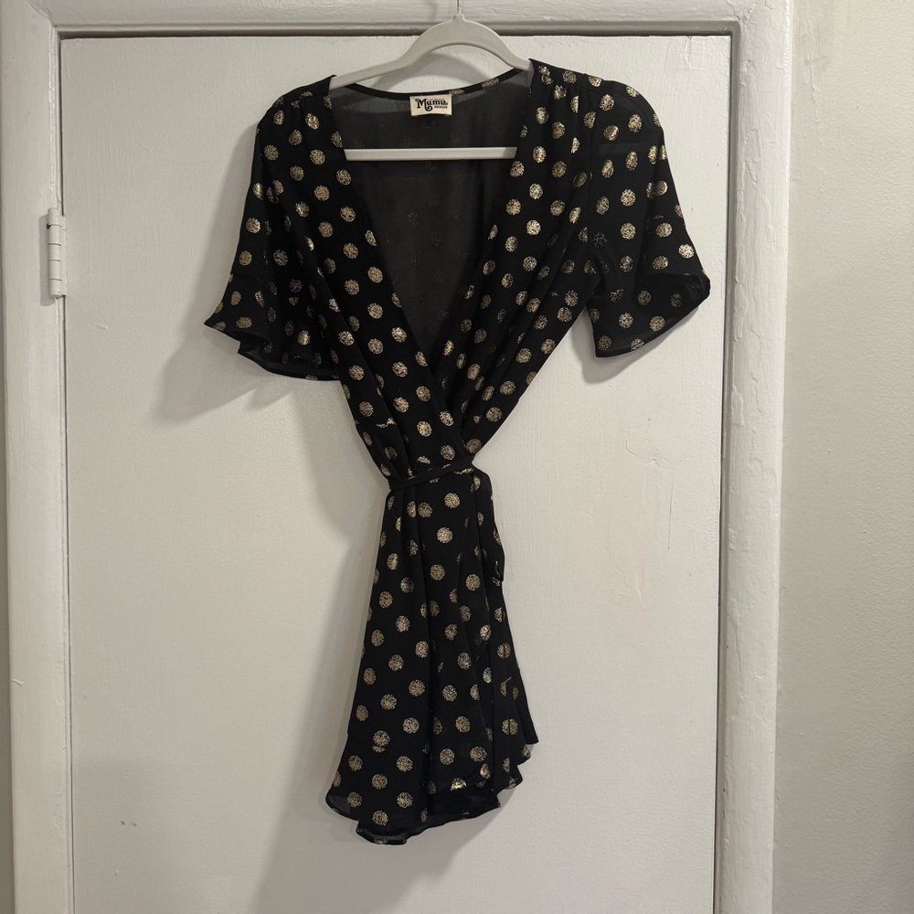 Show Me Your Mumu Black Wrap Dress with Gold Polka Dots